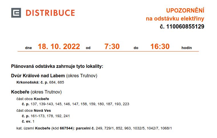 ČEZ - odstávka 18.10.2022